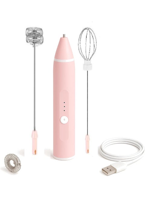 Portable handheld rechargeable milk frother with USB port, two stainless steel whisks, and three adjustable speeds for cappuccinos, hot chocolate, milkshakes, and egg mixtures (Pink)